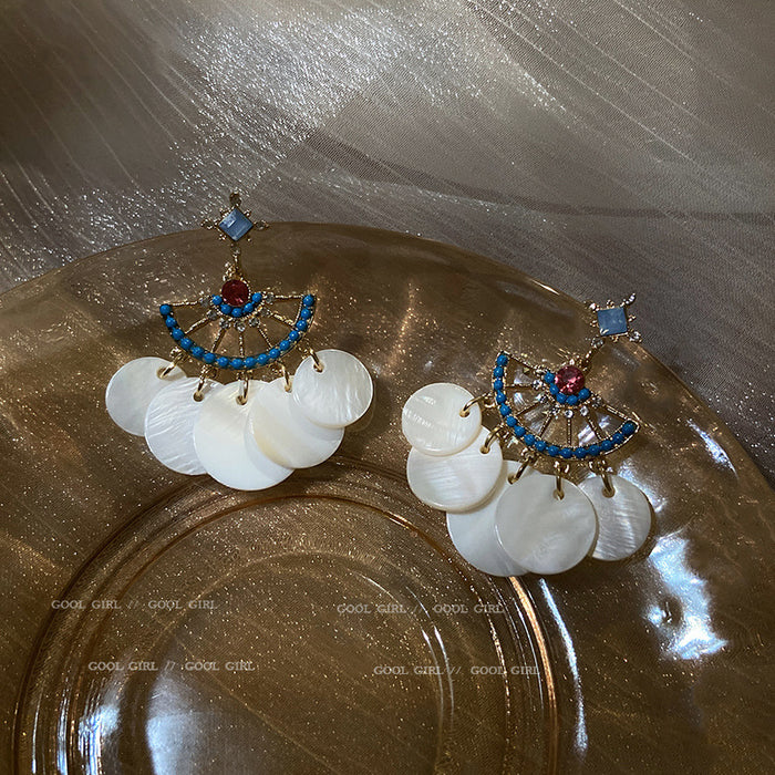Gold Tone Blue Beaded Fan Shell Disc Drop Earrings