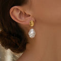 Irregular Disc and White Pearl Drop Earrings in Gold Tone view 4