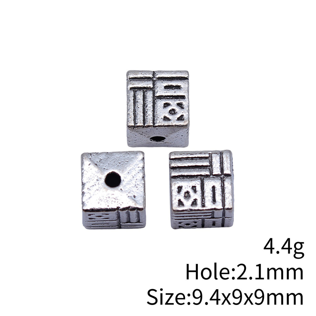 9.4x9x9mm 4.4g Antique Silver Zinc Alloy Square Fu Character Small Hole Spacer Beads for DIY Jewelry Making