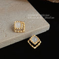 Gold Tone Scalloped Square Geometric Milky Stone Stud Earrings view 3