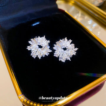 Silver Tone Crystal Cluster Flower Statement Stud Earrings
