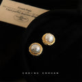 Gold Tone Round Openwork Pearl Stud Earrings With Textured Frame view 4