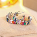 Silver Tone Multicolor Baguette CZ C-Shape Hoop Earrings view 5