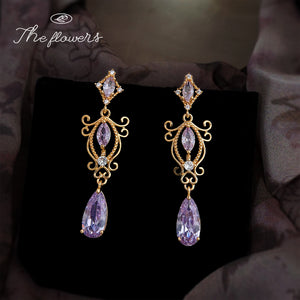 Long Brass Gold-Tone Purple Cubic Zirconia Scroll Drop Earrings