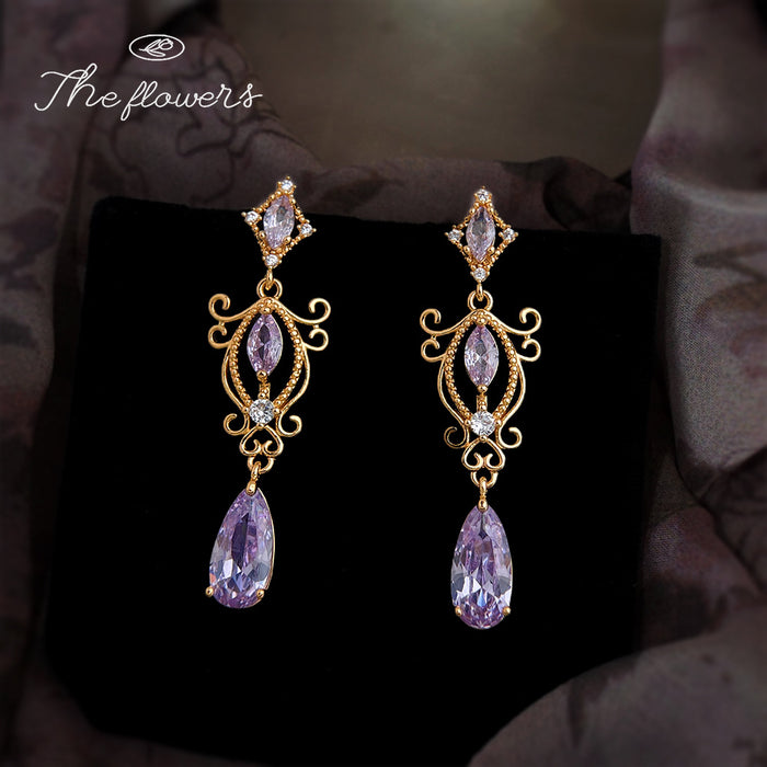 Gold Purple Crystal Long Dangle Earrings Ornate Scroll