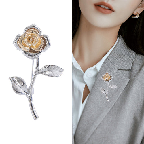 Angled view of the two tone long stem rose brooch