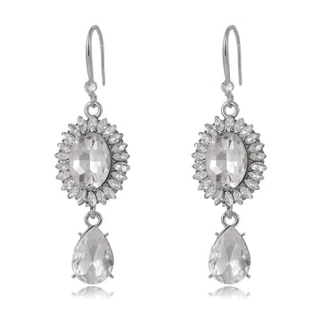 Silver Tone Oval Crystal Teardrop Openwork Crystal Four Designs Metal Dangle Earrings