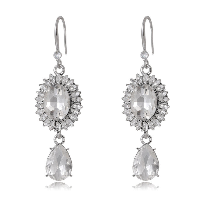 Silver Tone Oval Crystal Teardrop Openwork Crystal Four Designs Metal Dangle Earrings