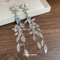 Silver Tone Layered Leaf Vine Long Drop Stud Earrings view 4