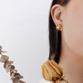 Gold Half-Sphere Dome Stud Earrings With Chain Detail view 4