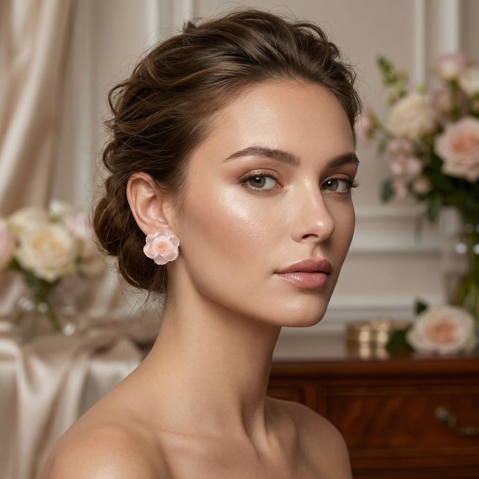Pale Pink Layered Rose Flower Statement Stud Earrings
