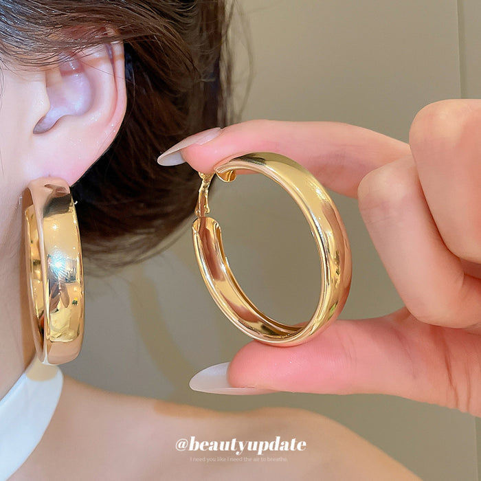 Polished Gold Tone Wide Hoop Earrings with Rounded Profile