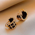 Gold Tone Grid Hoop Earrings With Velvet Inlays With Polished Metal Details view 2