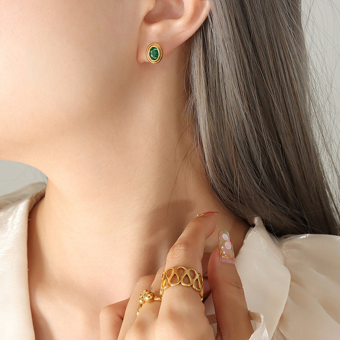 Oval Bezel Red Green Zircon Stud Earrings Gold Steel