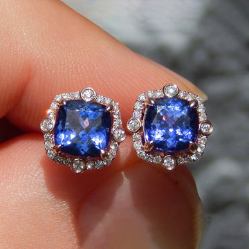 Rose Gold Tone Blue Square Crystal Halo Stud Earrings