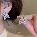 Silver Tone Star Earrings with Crystal and Pearl Look Details view 4