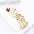 Gold Silver Tone Hand Holding Red Rose Enamel Brooch view 4