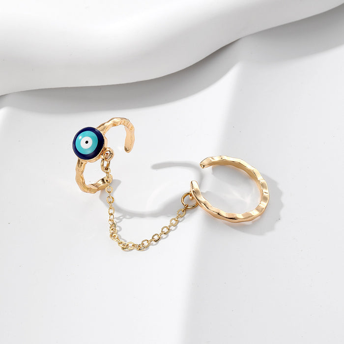 Gold Tone Evil Eye Nail Ring and Double Finger Chain Ring