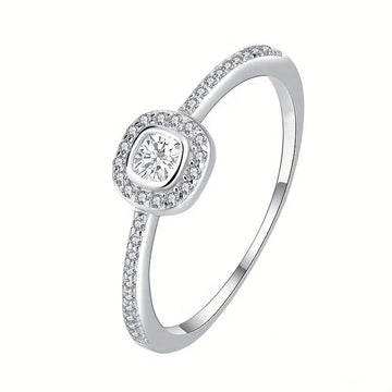 Mini Cushion Halo Pave Slim Ring In Polished Silver Tone