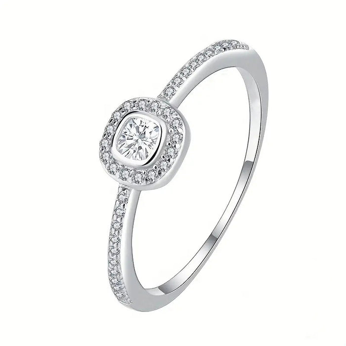 Mini Cushion Halo Pave Slim Ring In Polished Silver Tone
