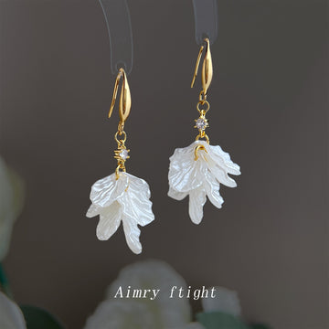 Gold Tone Translucent White Ruffled Flower Hook Earrings