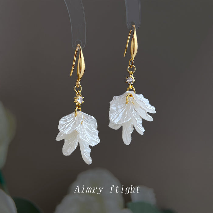 Gold Tone Translucent White Ruffled Flower Hook Earrings