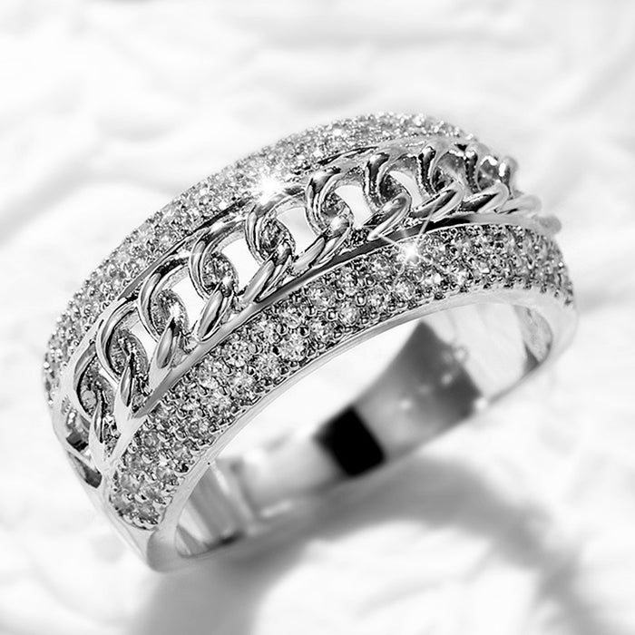 Silver-Tone Cuban Chain Finger Ring With Pave Cubic Zirconia