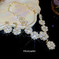 Pearl Flower Rhinestone Necklace Drop Earrings Gold Set view 4
