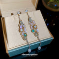 Iridescent Crystal Leaf And Pearl Chain Drop Earrings view 3
