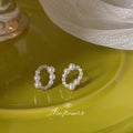 Gold Tone Oval Pearl Pavé Clear Geometric Stud Earrings view 2
