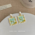 Gold Pearl Mint Enamel Window Frame Dangle Earrings view 3