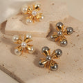 Gold Cross Petal Faux Pearl Stud Earrings White Gray view 4