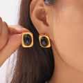 Square Frame Black Glass Cabochon Stud Earrings Gold Steel view 1