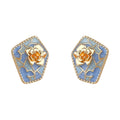 Gold Tone Blue Gray Polygon Camellia Relief Enamel Stud Earrings view 5