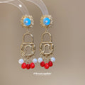 Padlock Pearl and Red Bead Fringe Drop Earrings Fashion Jewelry view 4