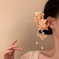 Fabric Flower Pearl Tassel Duckbill Hair Clips Orange Green Pink view 2