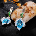 Silver Tone Blue Floral Enamel Leaf Drop Earrings Polished Metal Jewelry view 2