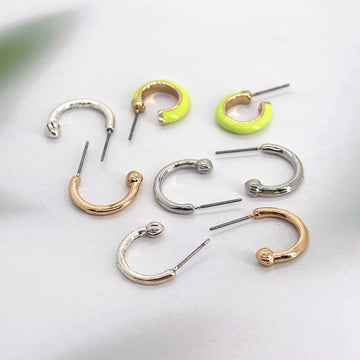 Mixed Finish Small C Shaped Hoop Stud Earrings Four Pair Set