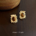 Gold Mesh Branch Frame Tiger Eye Oval Stud Earrings view 3