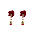 Red Fabric Flower Antique Gold Jhumka Dangle Earrings view 5