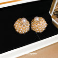 Gold Tone Cluster Flower Stud Earrings With Round Beaded Petals view 2