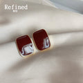 Wine Red Rectangular Enamel Stud Earrings Gold Tone Rim view 1