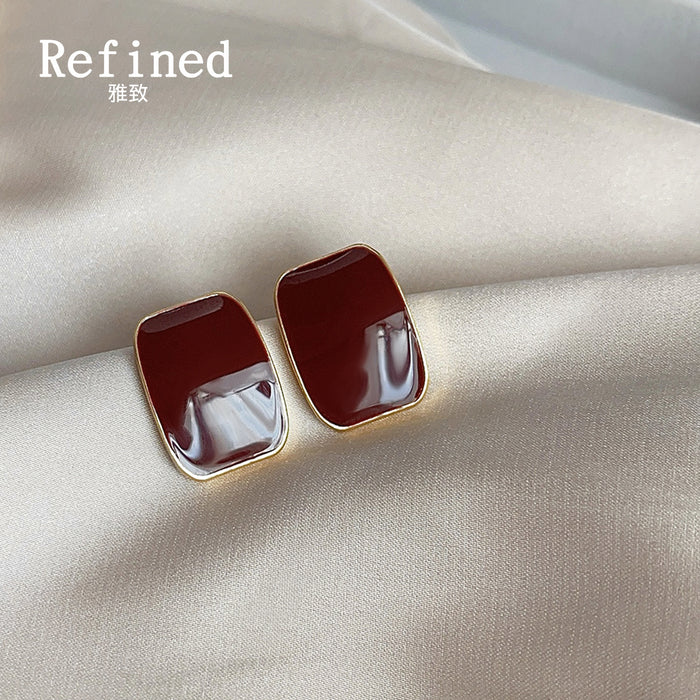 Wine Red Rectangular Enamel Stud Earrings Gold Tone Rim