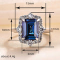 Deep Blue Rectangular Solitaire Floral Halo Ring Silver Tone view 4