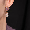 Purple Crystal Cluster Stud Earrings with Pearl Look Drops view 2