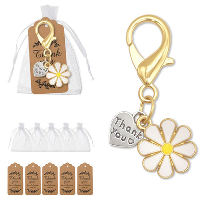 Gold daisy Thank You heart keychain with organza bags and kraft tags