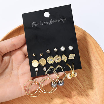 Gold Nine Pair Mixed Stud and Drop Earring Assortment