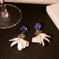 Navy Geometric White Petal Gold Tone Dangle Stud Earrings view 4