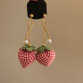 Gingham Strawberry Drop Earrings With Pearl Dangles view 2