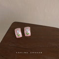 Pink Rectangle Enamel Tulip Stud Earrings Gold Rim view 3